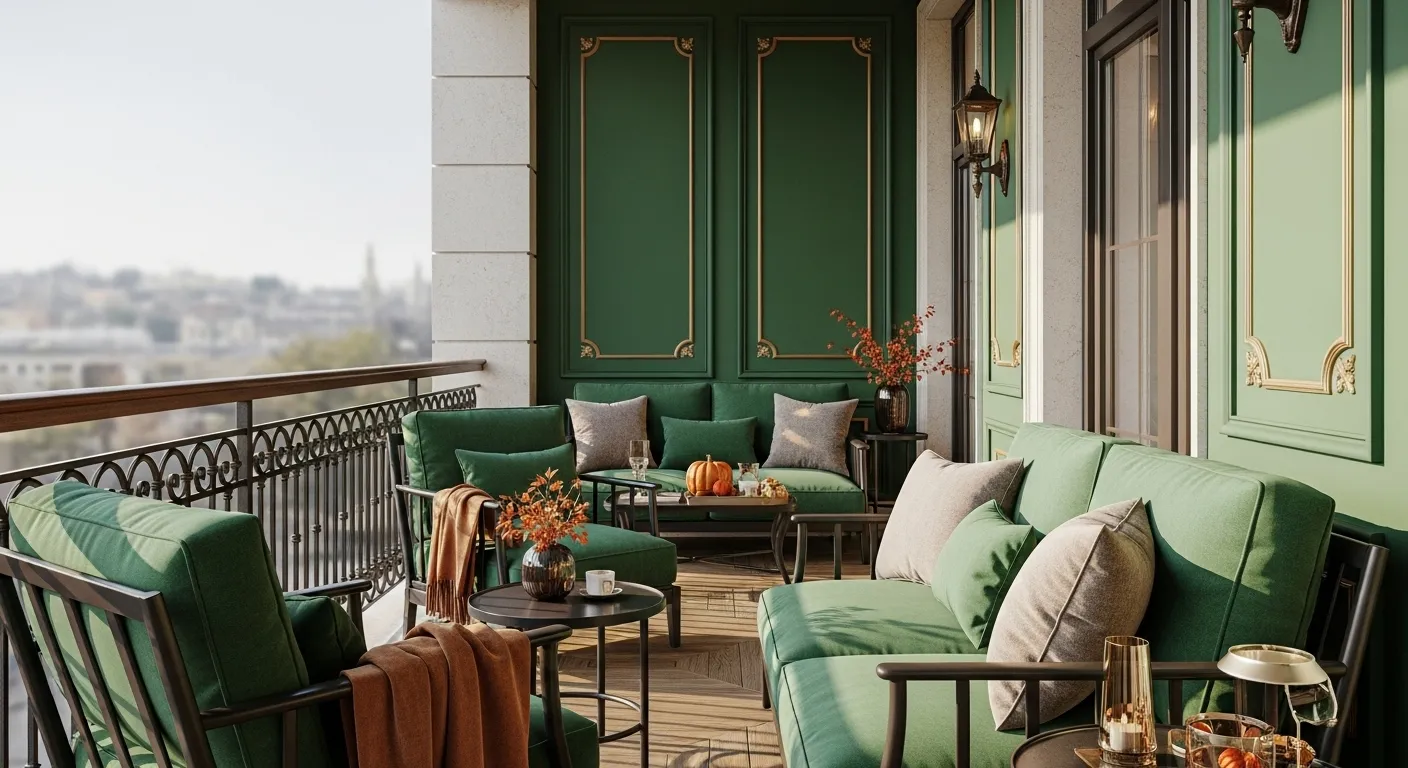 Classic luxury outdoor balcony in emerald green featuring cozy seating and autumn decor.