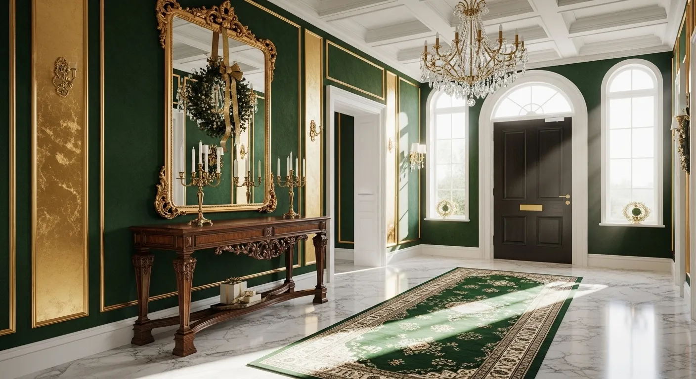 Classic luxury entryway decorated for Christmas with emerald green and gold accents.
