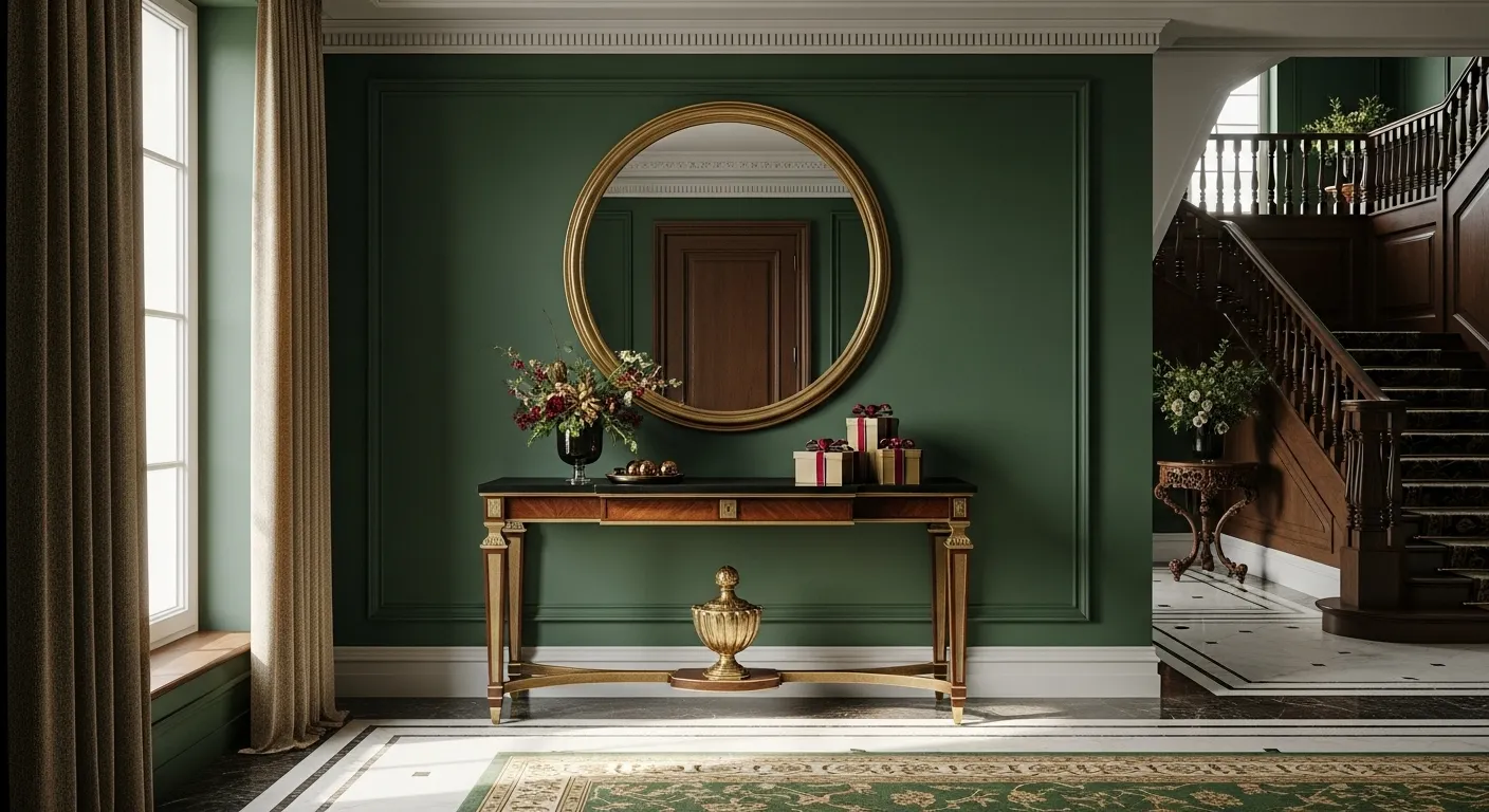 Classic luxury entryway decorated for Christmas in emerald green hues with elegant decor.
