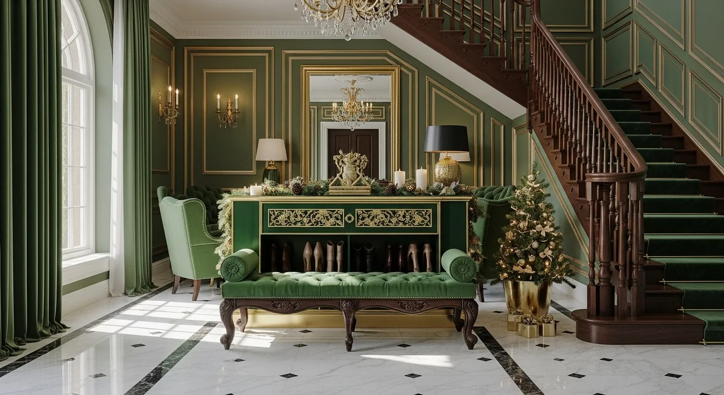 Classic luxury entryway decorated for Christmas with emerald green accents.
