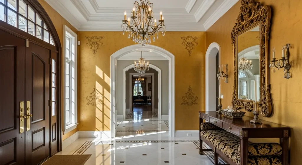 Luxurious entryway with gold walls, crystal chandelier, and classic decor elements.