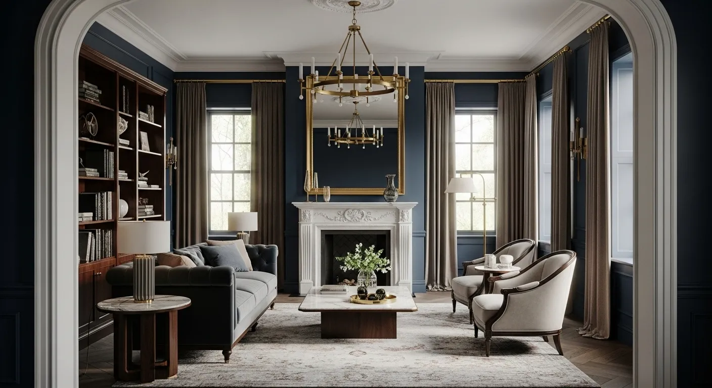 Classic luxury living room featuring inky midnight blue walls, a stylish sofa, and elegant decor.