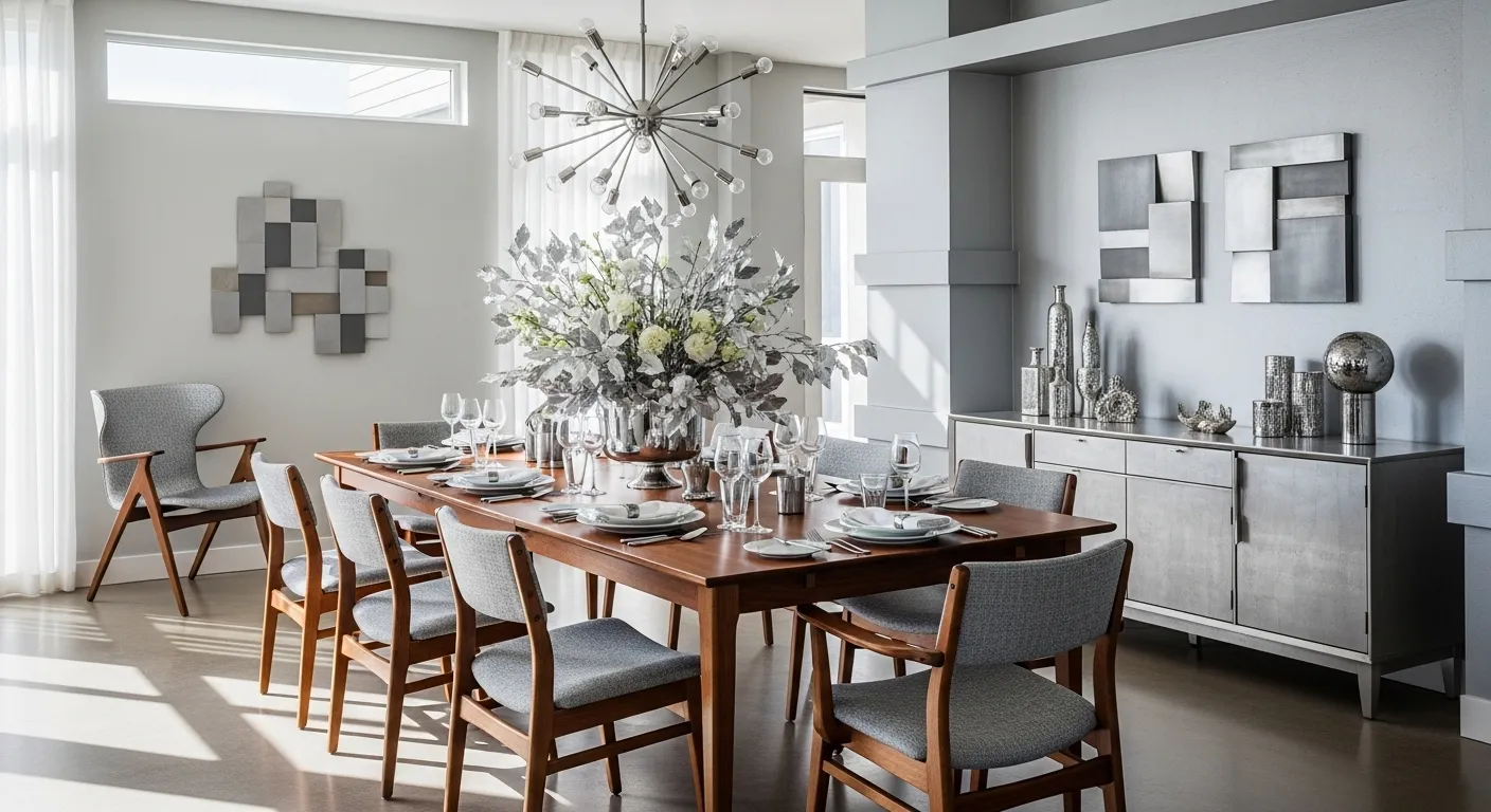 Stylish Mid-Century Modern dining room with silver accents and wooden furniture.