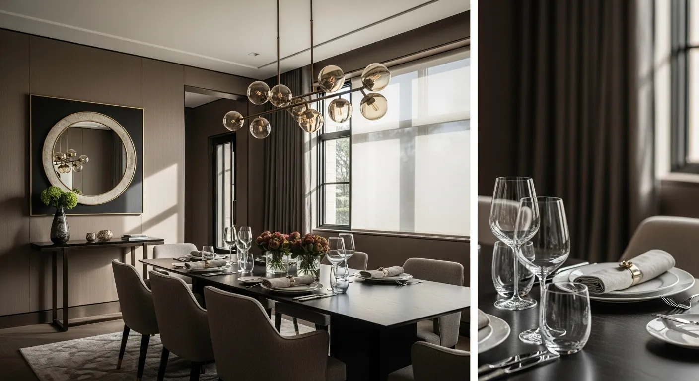 Stylish modern dining room featuring truffle color palette with elegant decor and lighting.