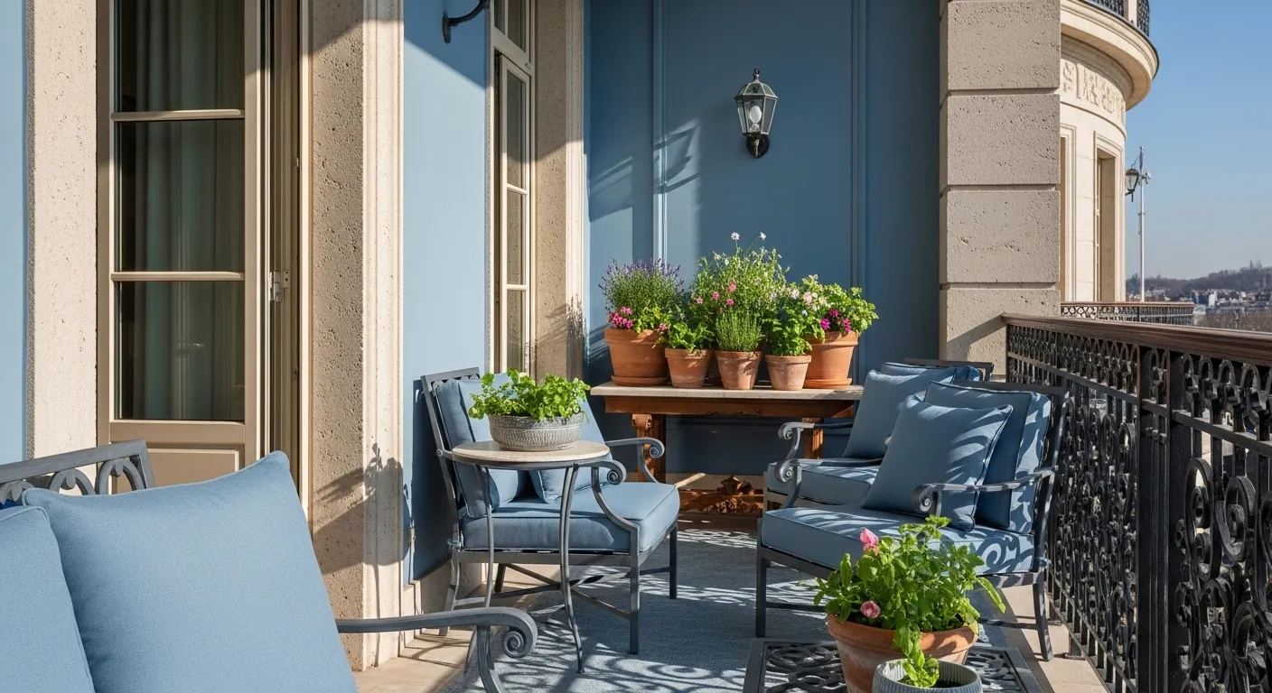 Classic luxury outdoor balcony decorated in dusty blue with flowers and stylish seating.