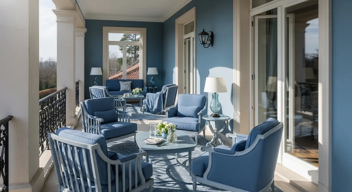 Classic luxury outdoor balcony design with dusty blue furniture and decor.