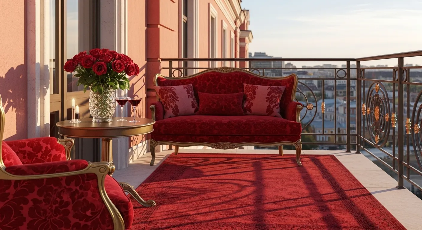 Classic luxury outdoor balcony with red decor, plush seating, and floral accents.