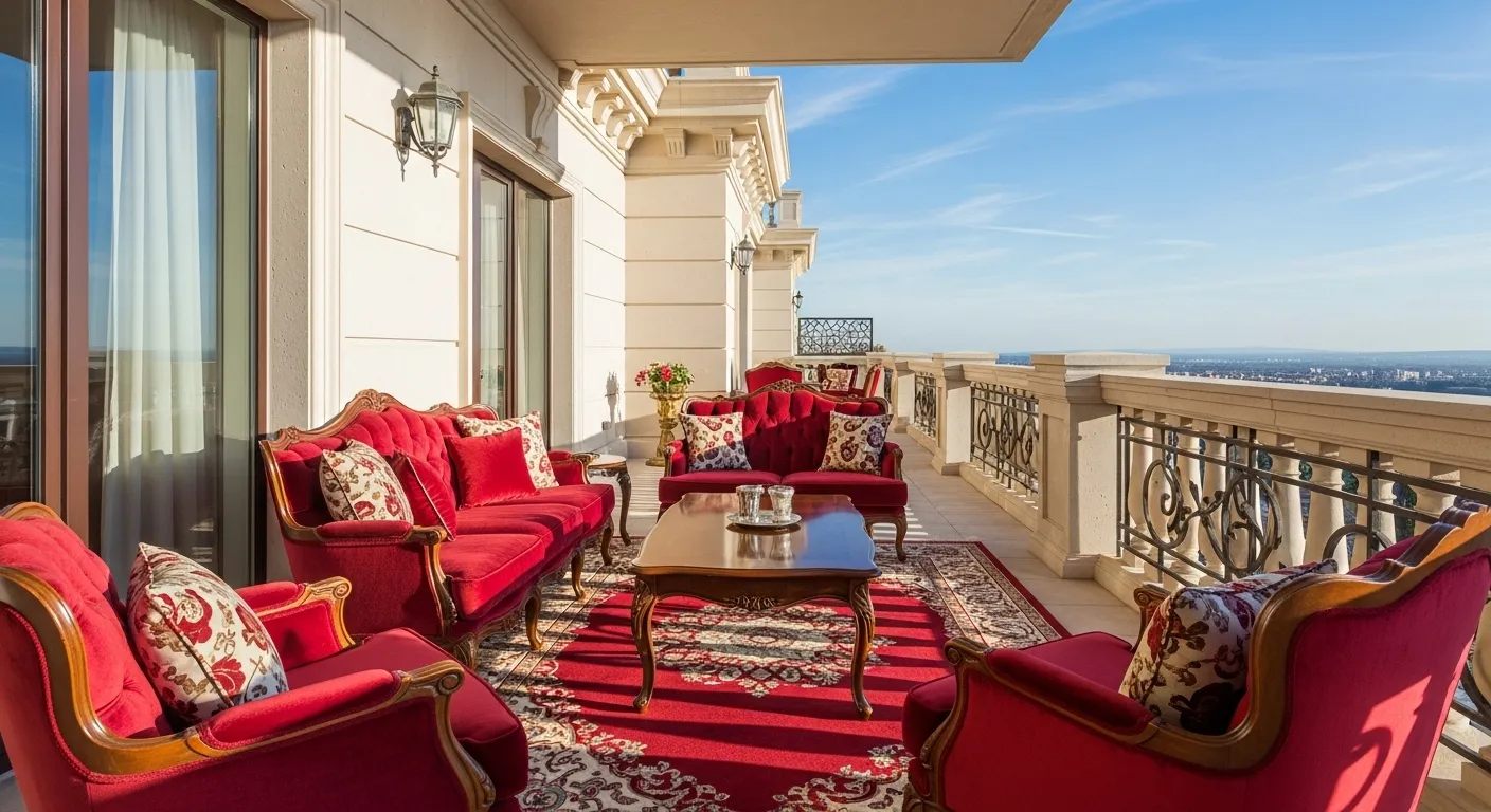Classic luxury outdoor balcony with red furniture and decor for everyday elegance.