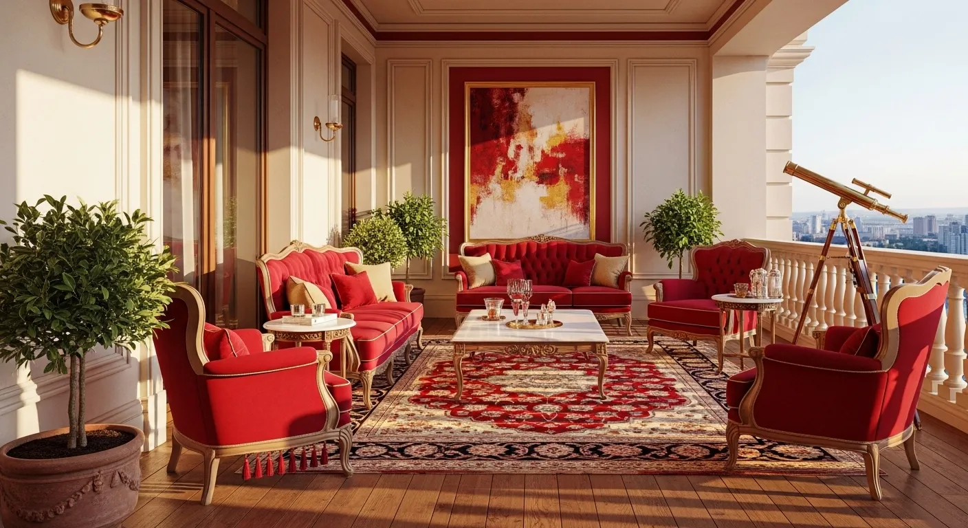 Classic luxury outdoor balcony design with red furniture and decor.
