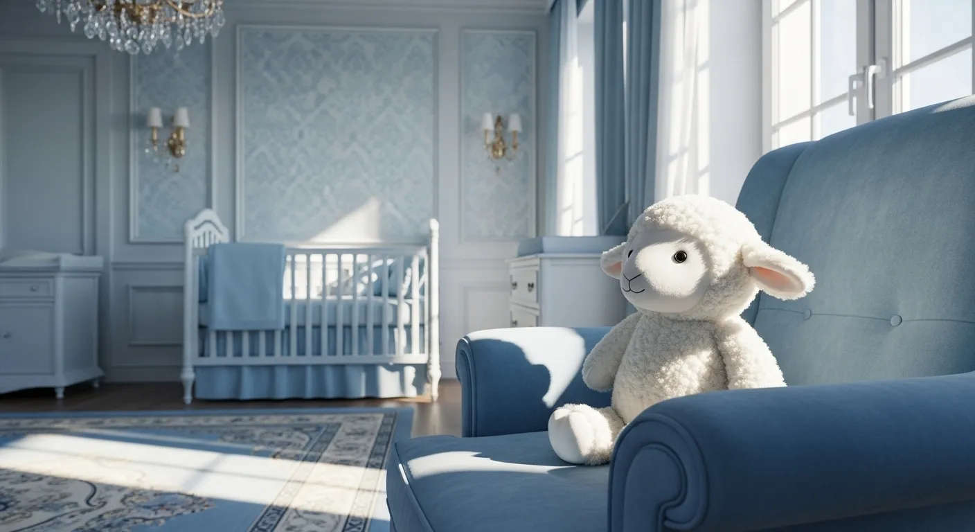 Classic luxury nursery in sky blue with crib, plush lamb toy, and elegant decor.