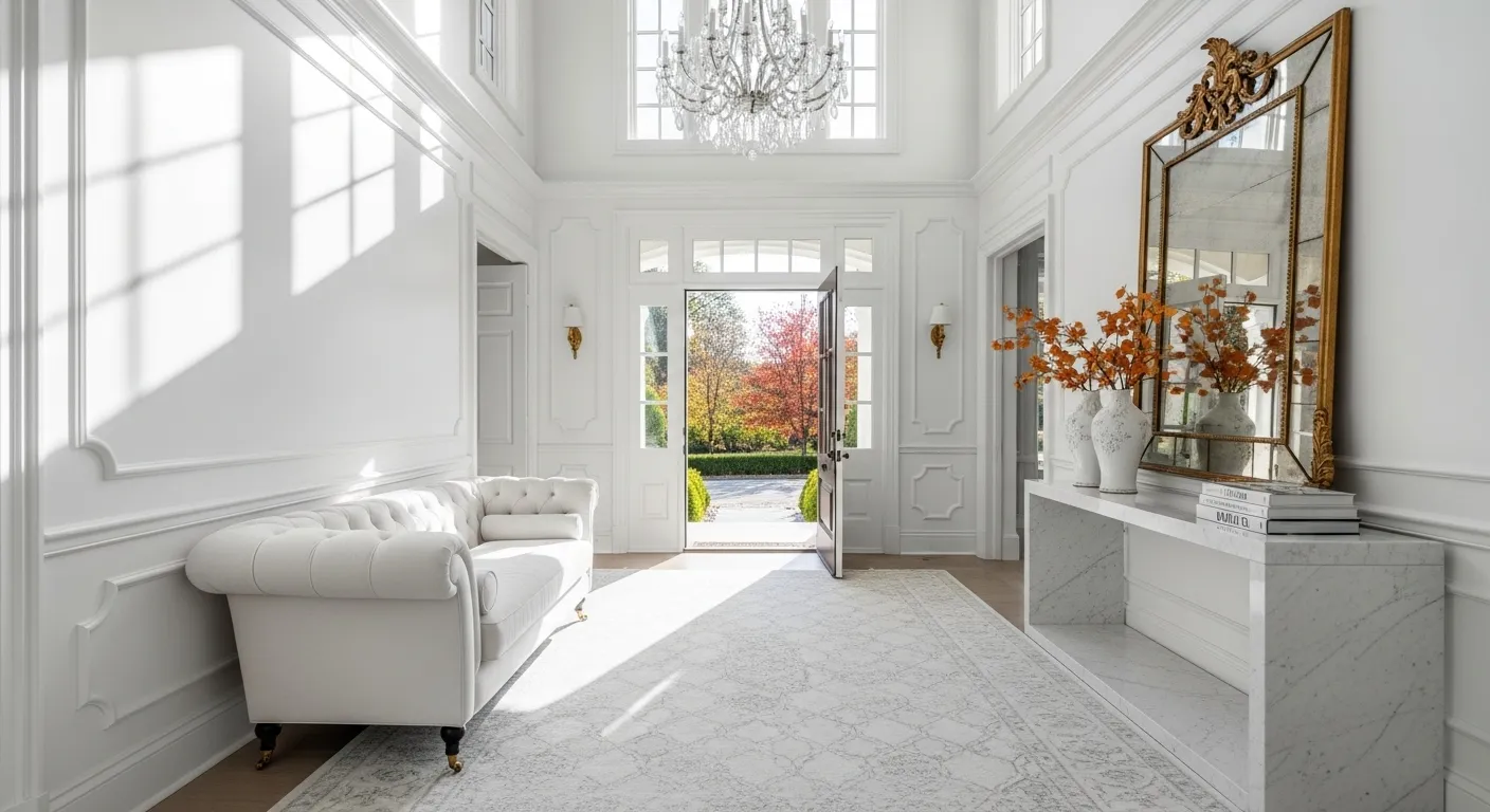 Classic luxury white entryway styled with autumn decor, featuring a chandelier and floral arrangements.