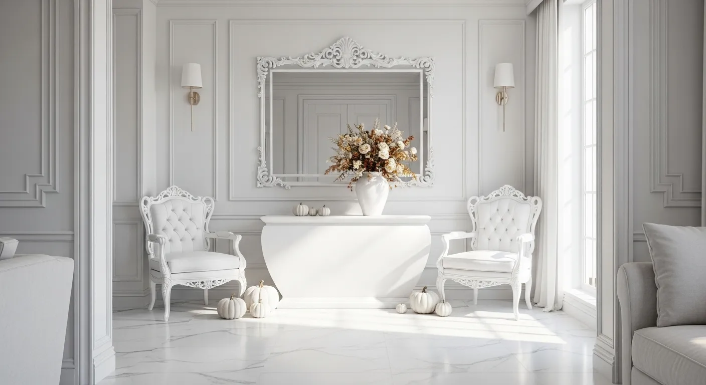 Classic luxury entryway featuring white decor and autumn floral arrangements