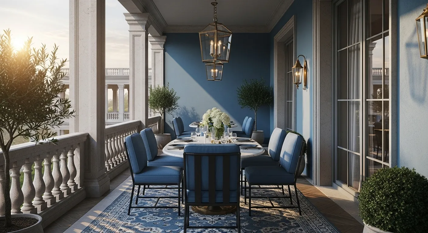 Elegant outdoor balcony decor in dusty blue, featuring classic luxury design elements.