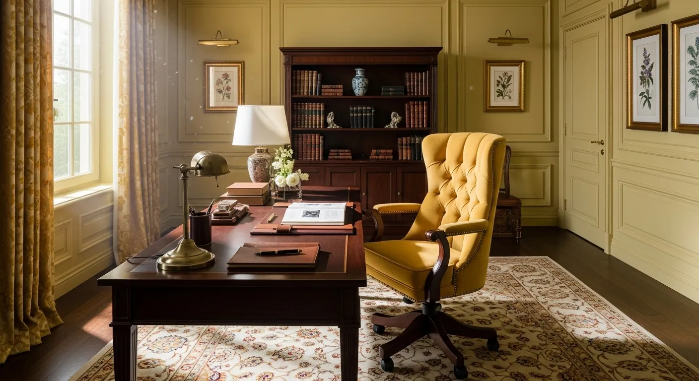 Classic luxury home office featuring butter yellow accents and elegant decor.
