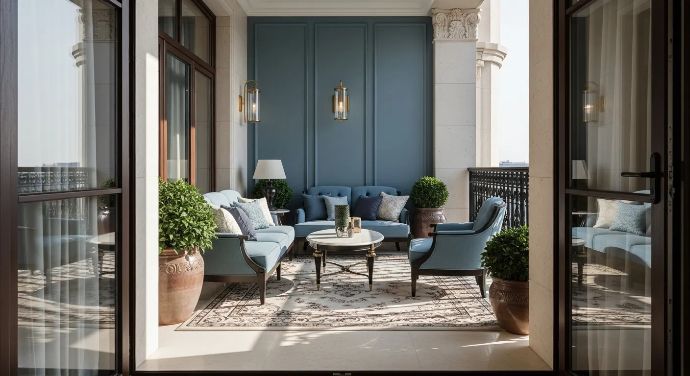 Classic luxury outdoor balcony featuring dusty blue furniture and lush greenery.