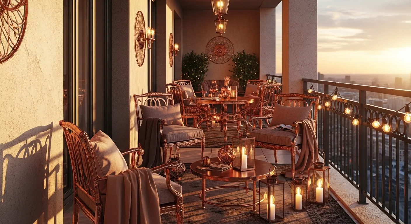 Luxurious outdoor balcony in copper tones with elegant furniture and cozy lighting