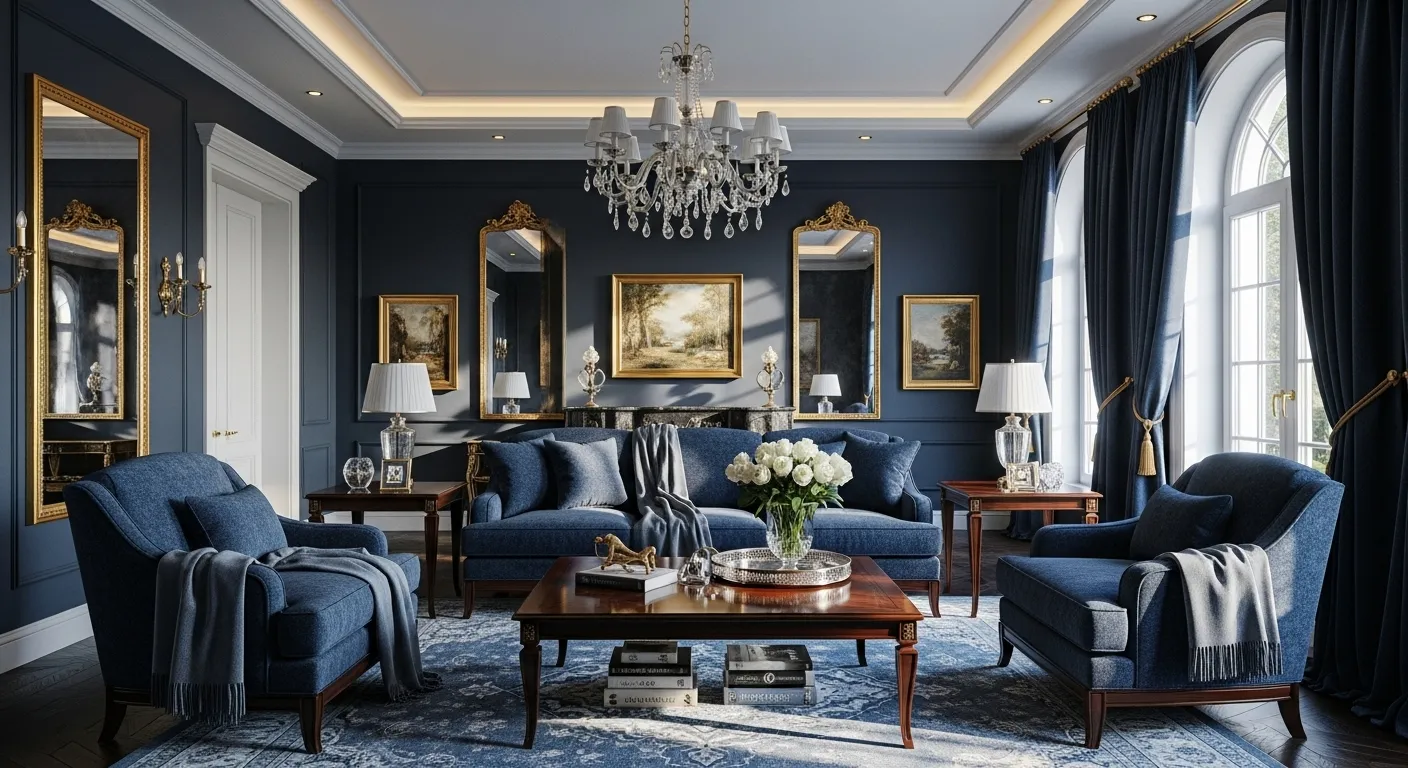 Luxurious living room in inky midnight blue, classic design features with elegant furniture and decor.
