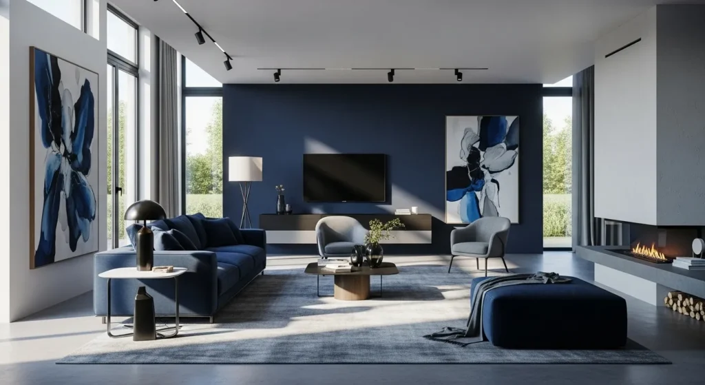 Modern living room designed with inky midnight blue color palette, showcasing comfort and style.