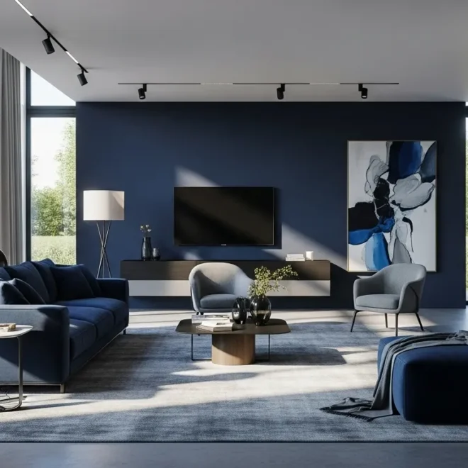 Modern living room designed with inky midnight blue color palette, showcasing comfort and style.
