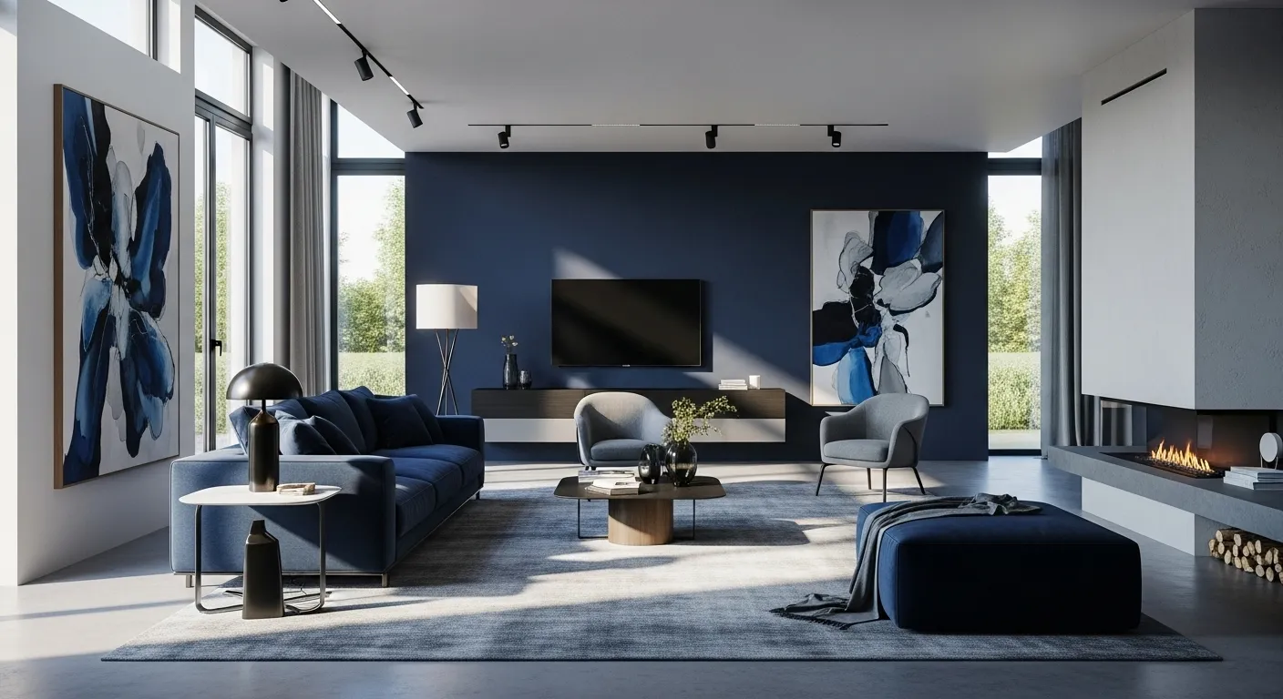 Modern living room designed with inky midnight blue color palette, showcasing comfort and style.