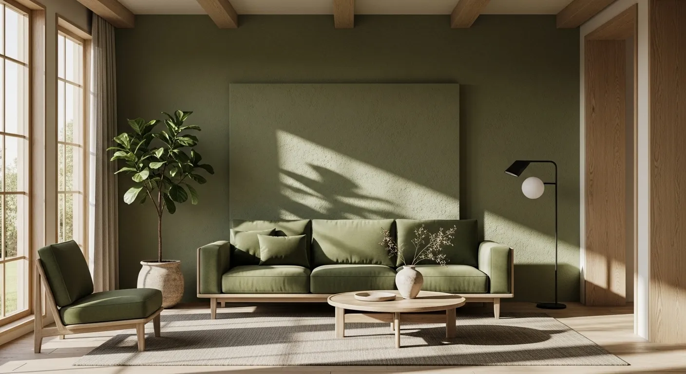Stylish Japandi living room featuring a moss green color palette and natural decor elements.