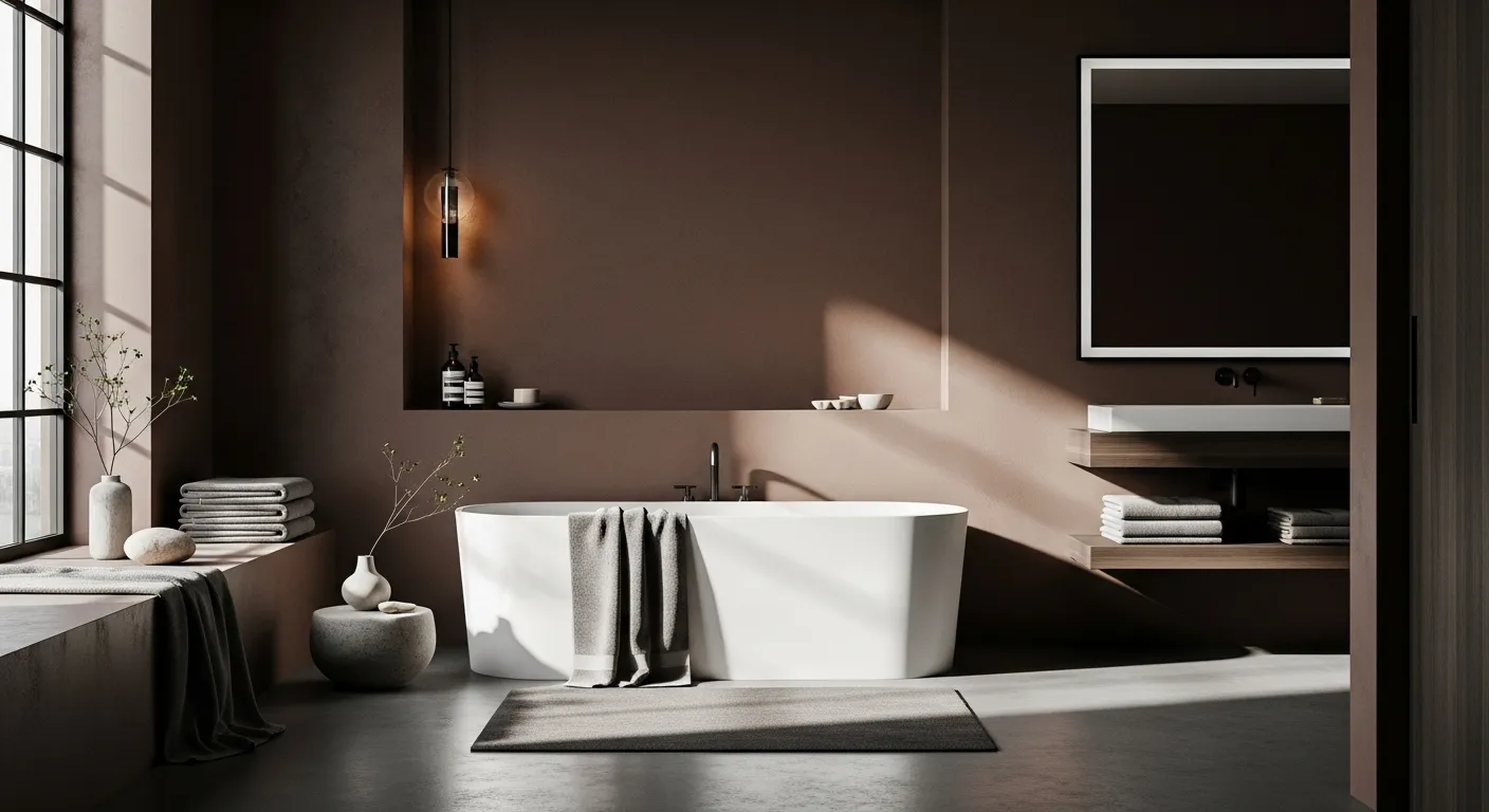 Stylish minimalist bathroom with truffle color palette and modern fixtures.