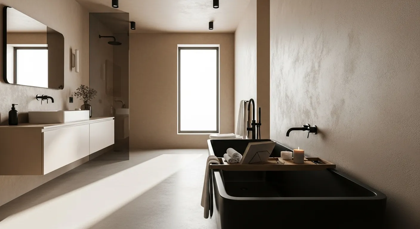 Minimalist bathroom design in truffle color palette with modern fixtures and natural light.