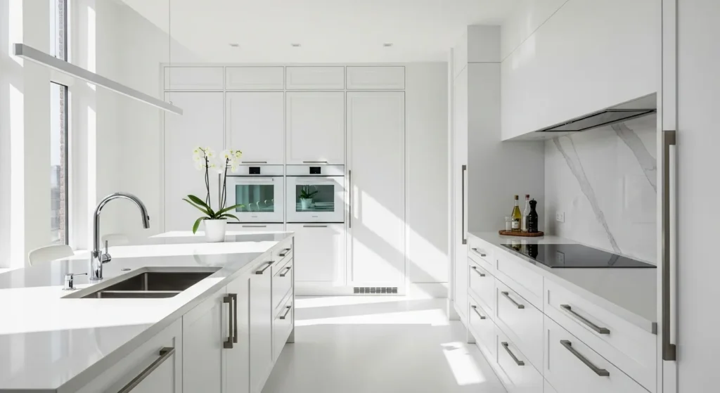 Bright modern kitchen featuring white cabinets and countertops with natural light.