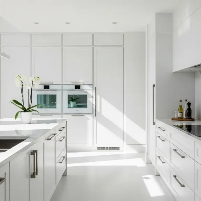 Bright modern kitchen featuring white cabinets and countertops with natural light.