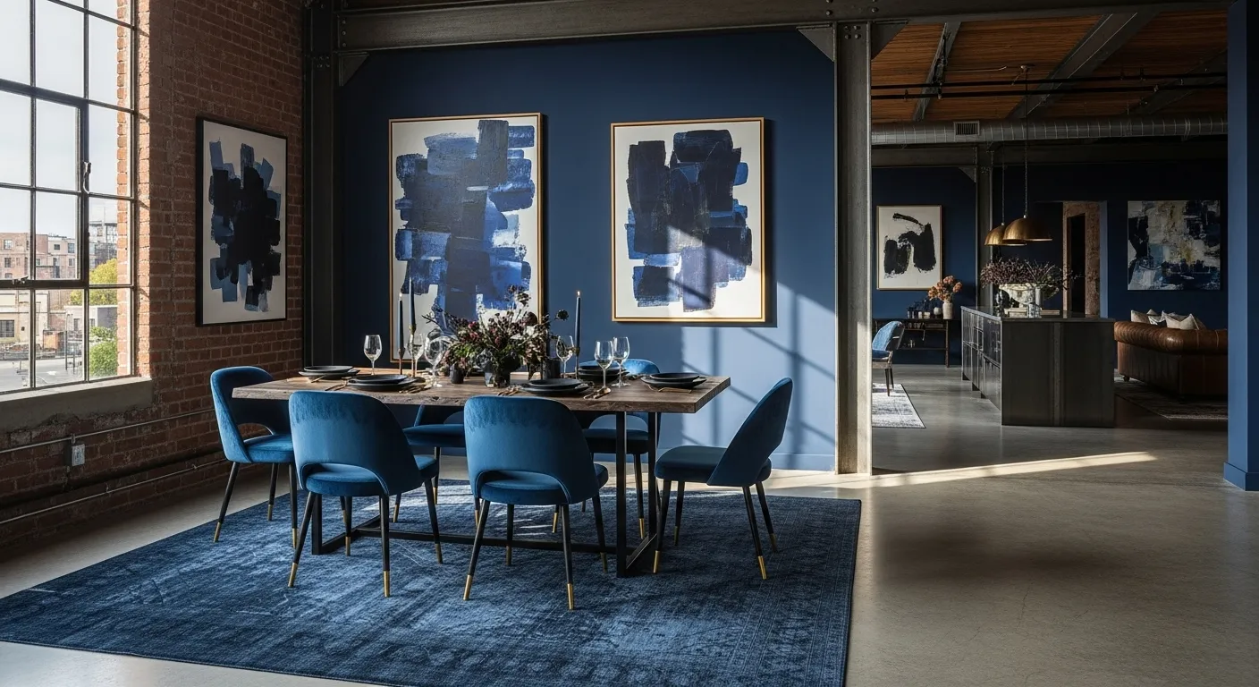 Stylish industrial dining room with indigo color palette and modern decor