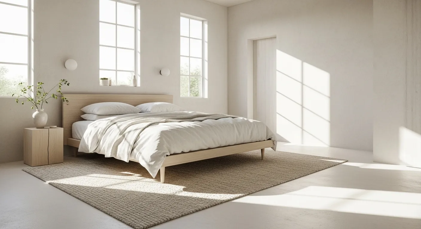 A serene Japandi-style bedroom with an off-white color palette, natural light, and minimal decor for a tranquil atmosphere.