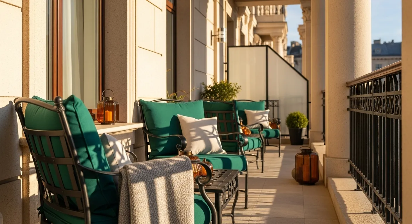 Classic luxury outdoor balcony with emerald green furniture and autumn decor
