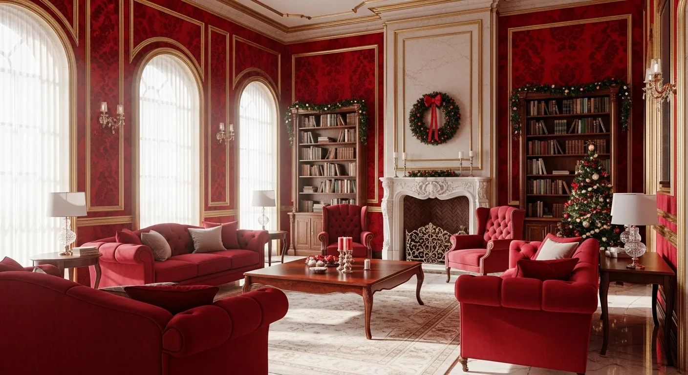 Classic luxury living room decorated for Christmas with red accents, elegant furniture, and festive decor.