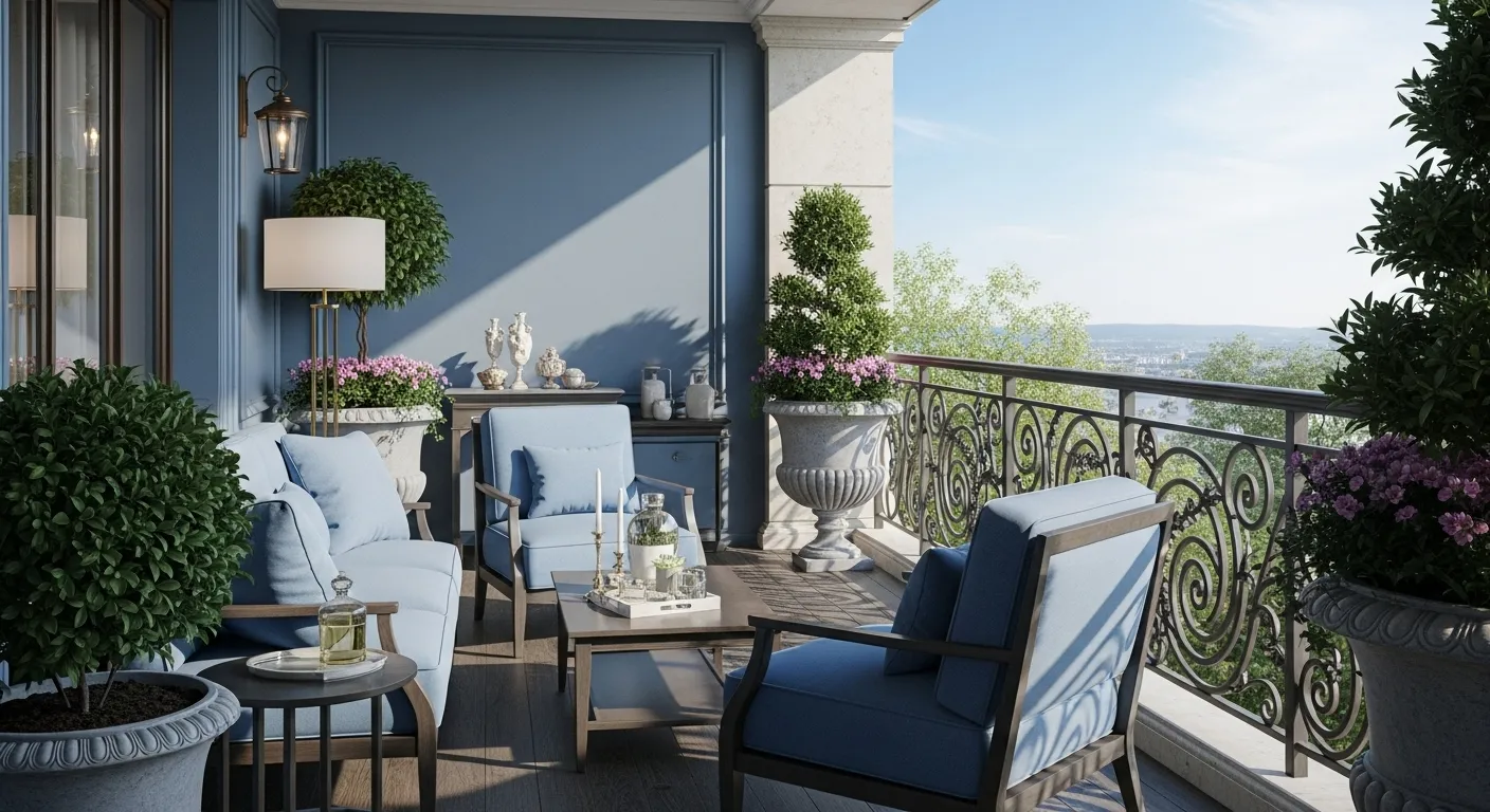 A classic luxury outdoor balcony with dusty blue furniture, elegant decor, and lush greenery.