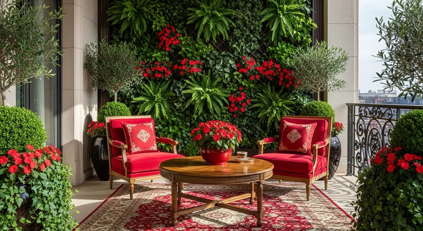 Classic luxury outdoor balcony with red accents and lush greenery