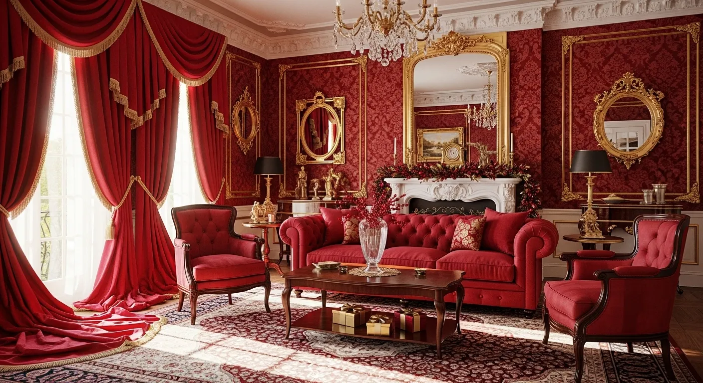 Classic luxury living room decorated for Christmas in red palette with elegant furniture and decor.