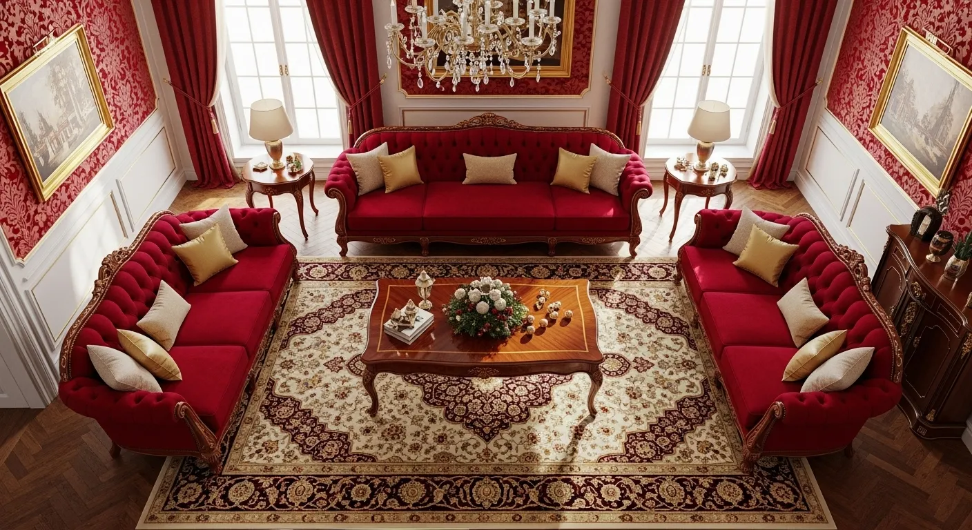 Classic luxury living room decorated for Christmas with red sofas and festive decor.