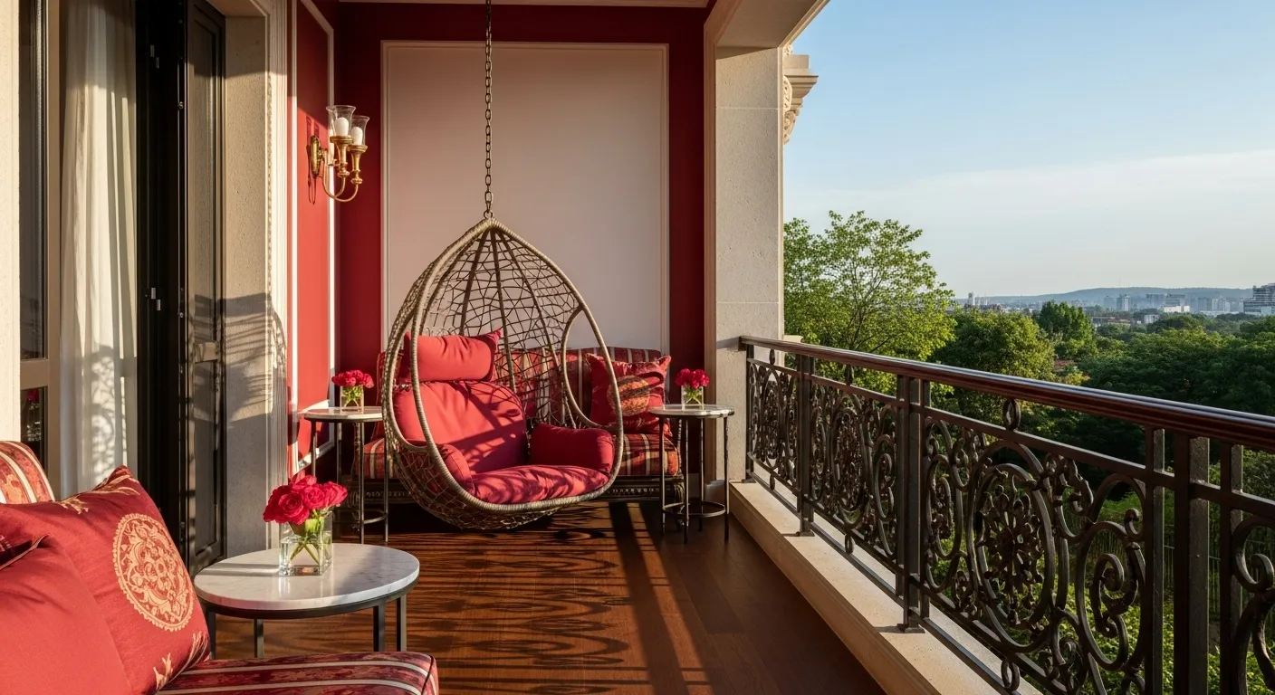 Classic luxury outdoor balcony with red decor, hanging chair, and floral accents.
