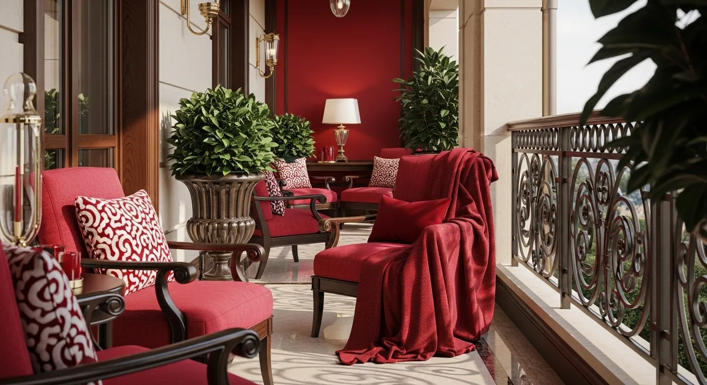 Elegant outdoor balcony design in classic luxury style with red accents and lush greenery.