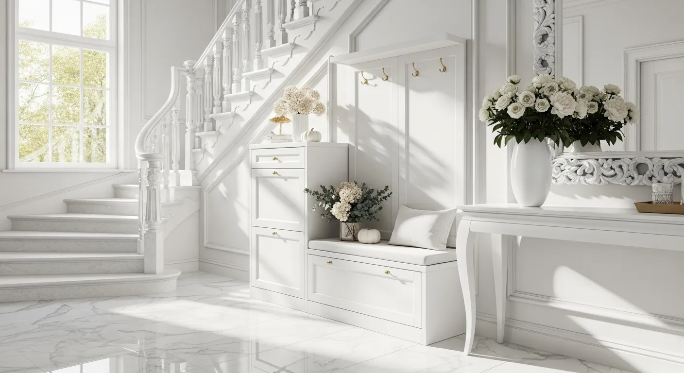 Elegant classic luxury entryway in white with autumn decor and floral arrangements.