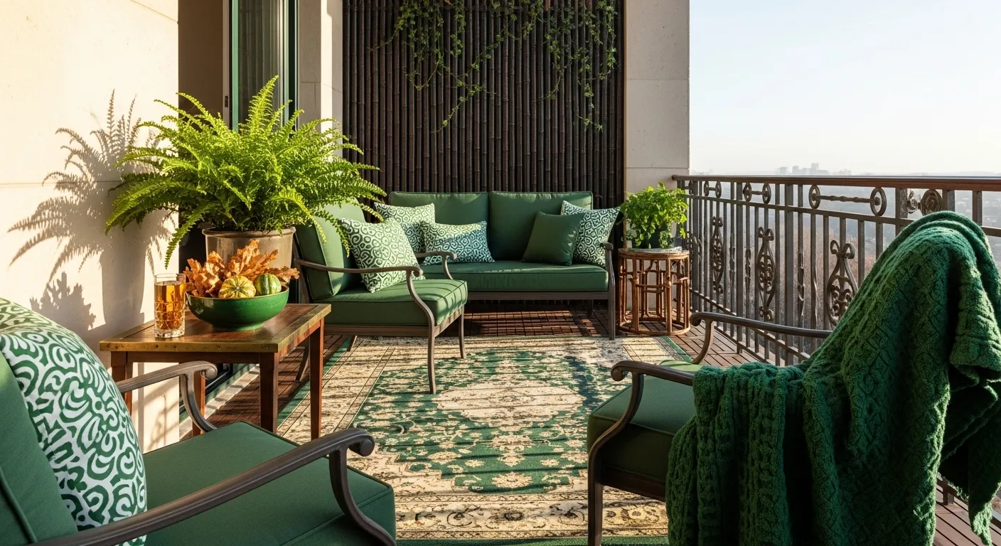 Classic luxury outdoor balcony with emerald green decor, perfect for autumn vibes.