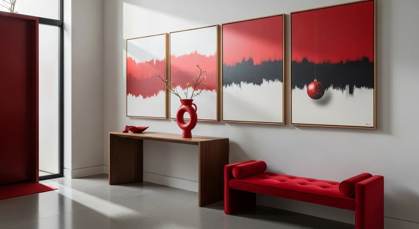 A minimalist entryway decorated for Christmas featuring red color palette with art, furniture, and decor.