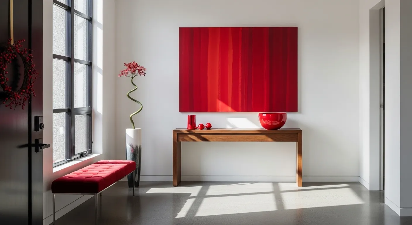 A stylish minimalist entryway decorated for Christmas, featuring a red color palette with art and decor.