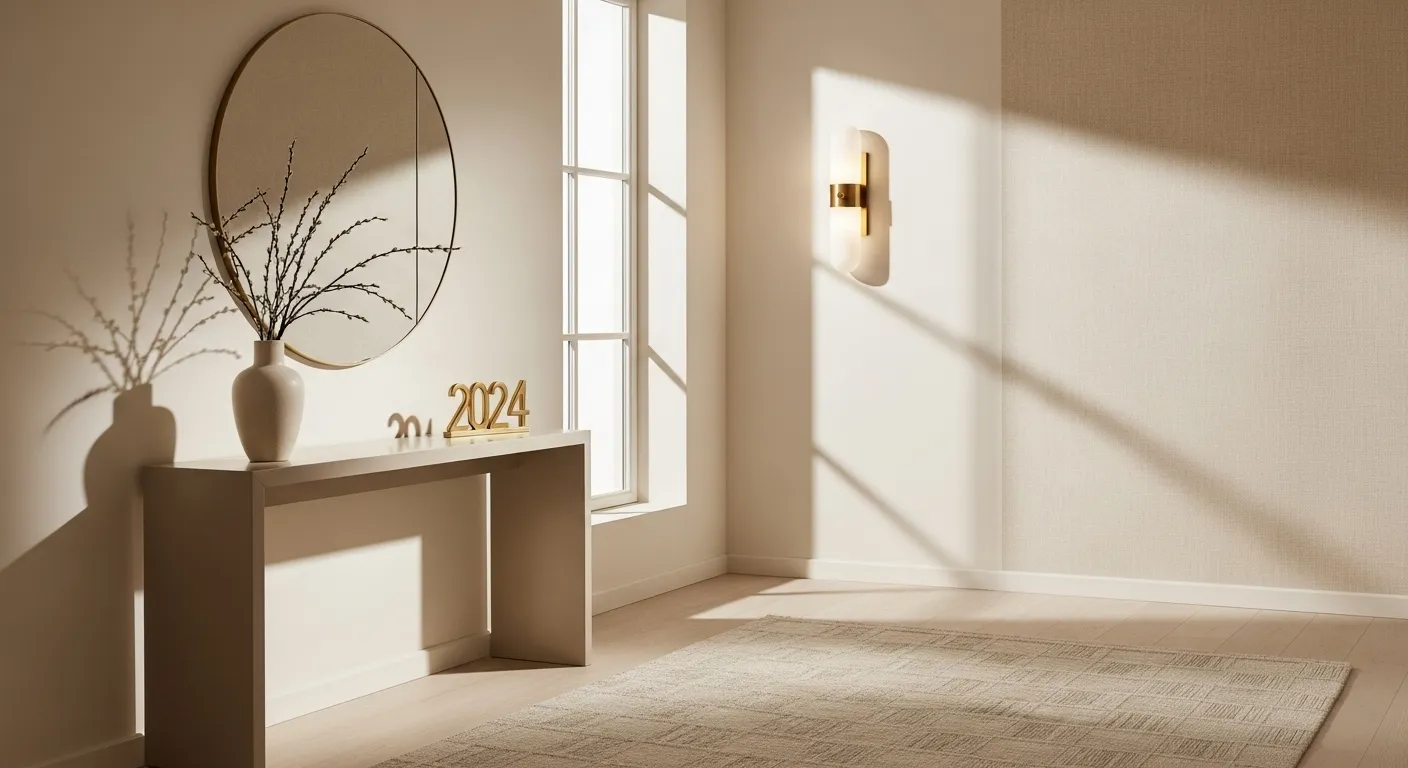 Stylish minimalist entryway decorated for New Year's Eve with beige tones and modern decor.
