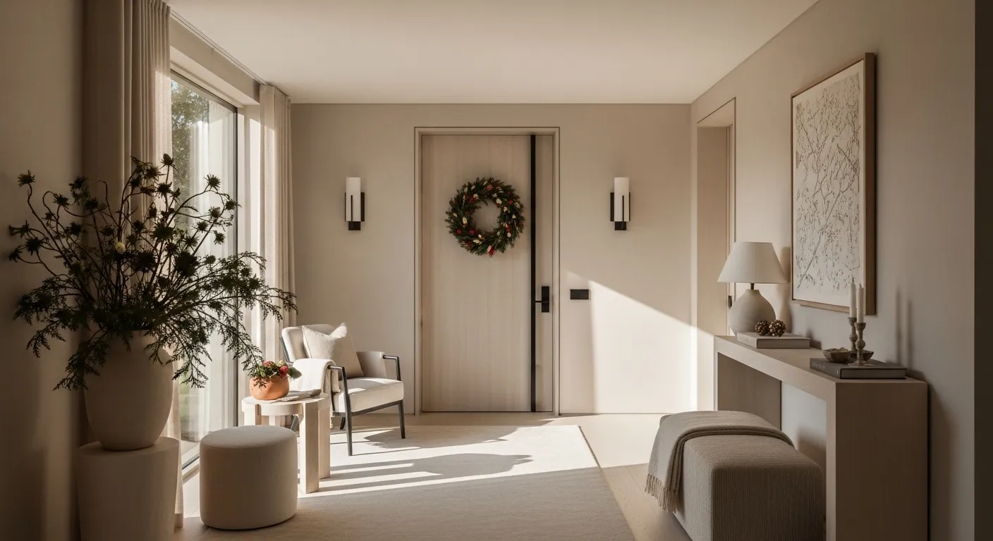 Stylish minimalist entryway decorated for New Year’s Eve in beige tones with wreath and cozy accents.