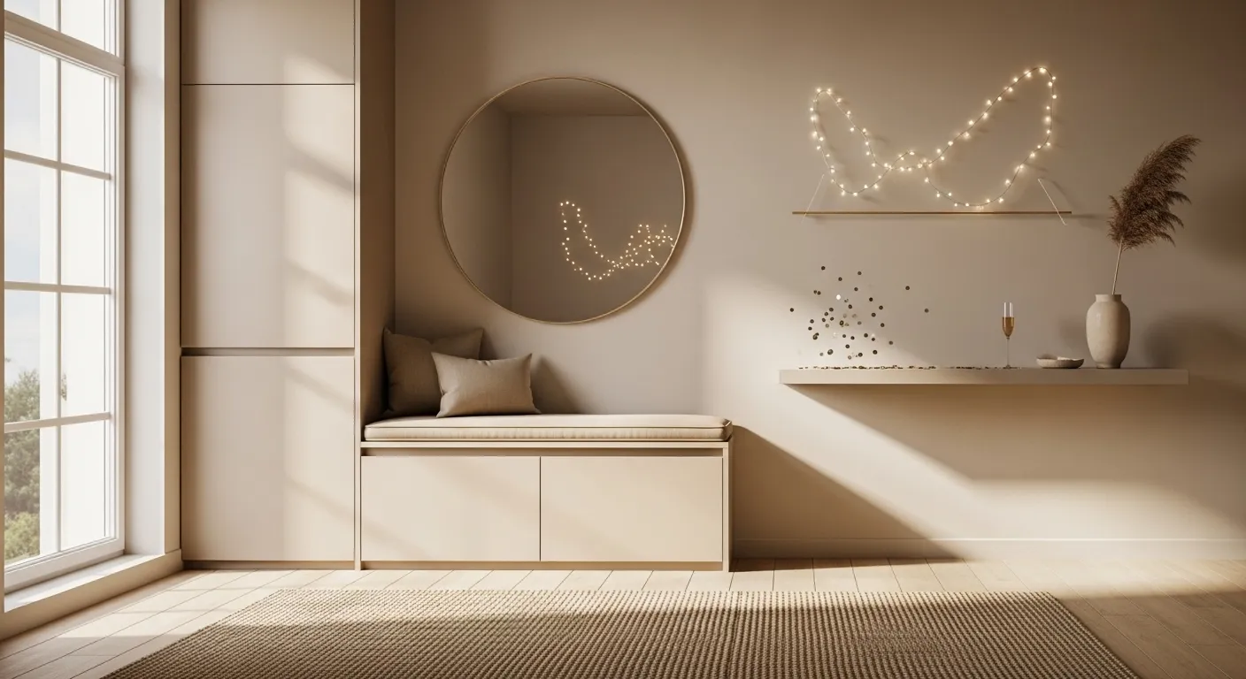 Stylish minimalist entryway with beige color palette and festive New Year's Eve decor.