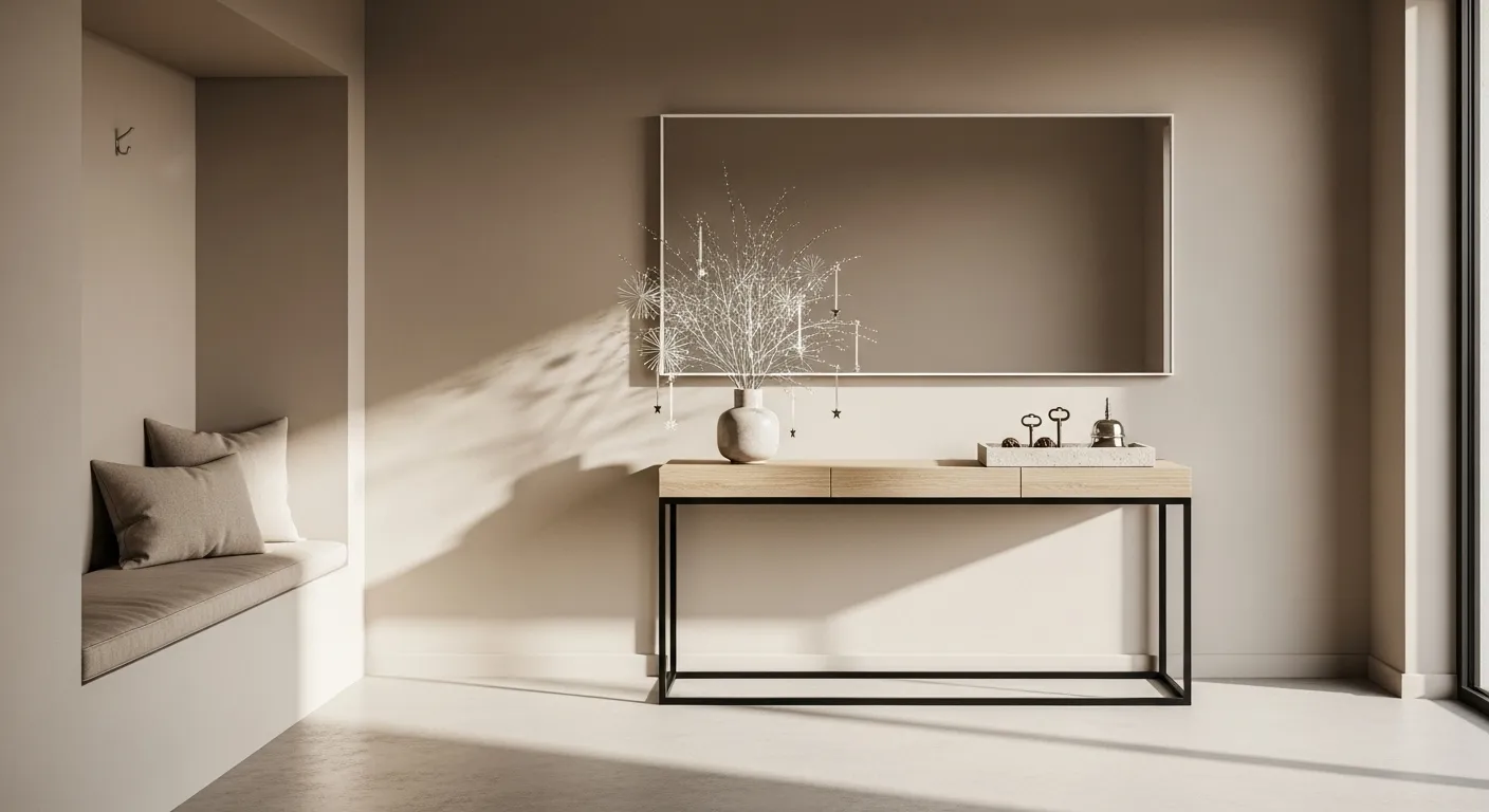 Beautiful minimalist entryway decor in beige for New Year's Eve celebration.