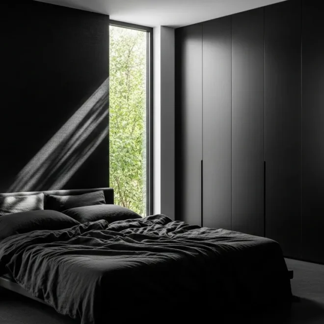 Stylish minimalist bedroom featuring a black color palette with spring decorations.