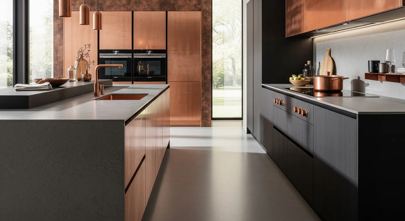 A modern kitchen featuring copper accents, sleek design, and a warm color palette for an inviting atmosphere.