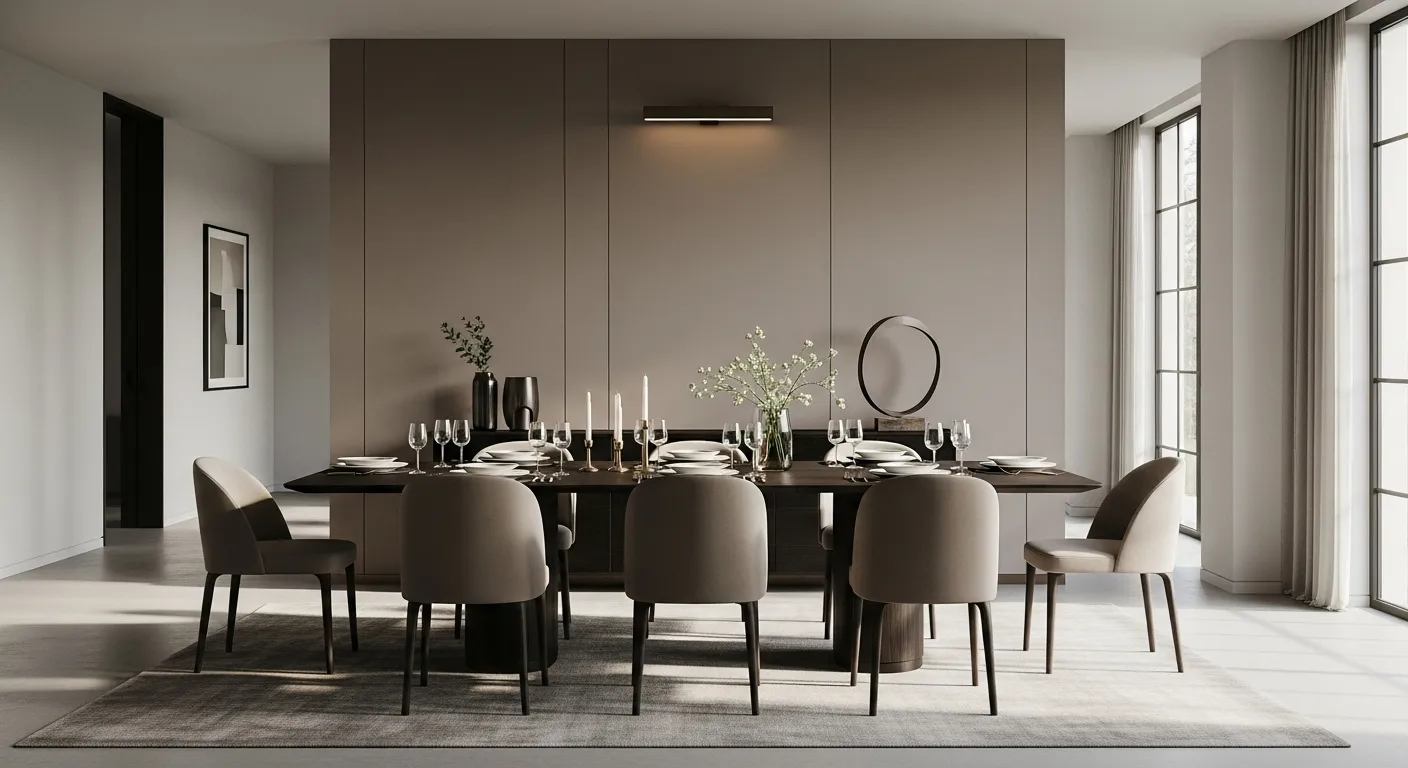 Stylish modern dining room featuring a truffle color palette and elegant decor.